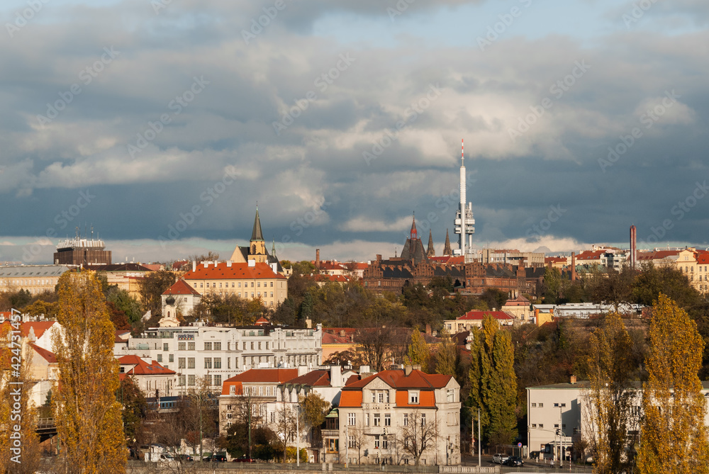 Prague cityscape with view of Zizkov TV tower and maternity hospital of Saint Apollinare, Czech Republic

