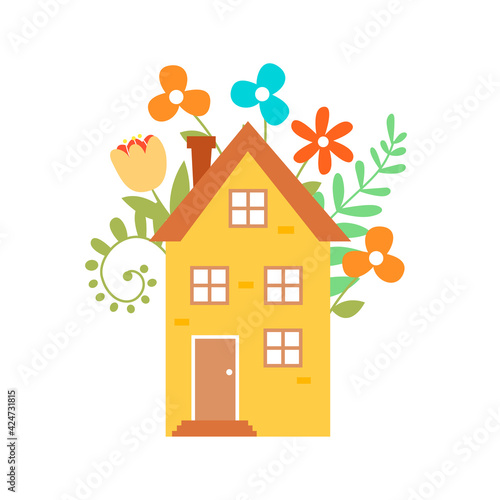 Cute spring hand drawn illustration on isolated background. The house is surrounded by colorful flowers. Vector illustration for design postcards.