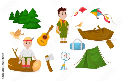 Camping children summer camp park vector illustration fun childhood campfire nature outdoor leisure.