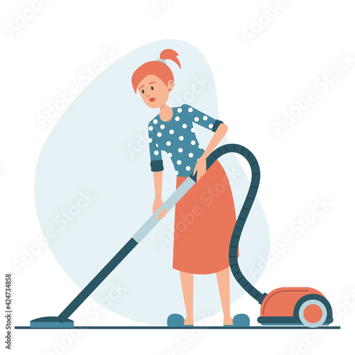 Woman vacuum cleaning the floor at home vector isolated. Housewife cleaning carpet. Daily routine, domestic work.