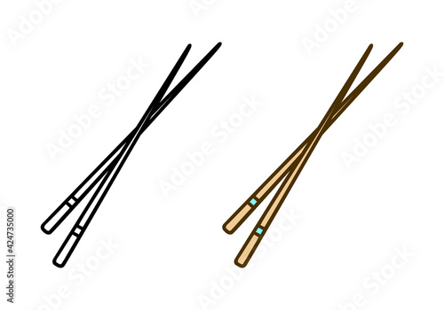 Chopsticks doodle icon. Linear and color version. Black simple illustration of bamboo food sticks. Symbol of asian cuisine. Contour isolated vector pictogram on white background