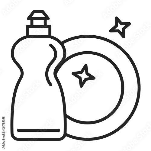 Icon of a clean dish and detergent in a plastic bottle vector isolated. Outlined symbol of a crockery and washing equipment.