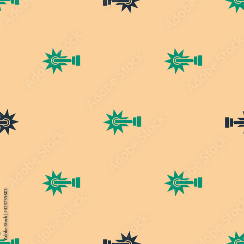 Green and black Cowboy horse riding spur for boot icon isolated seamless pattern on beige background. Vector