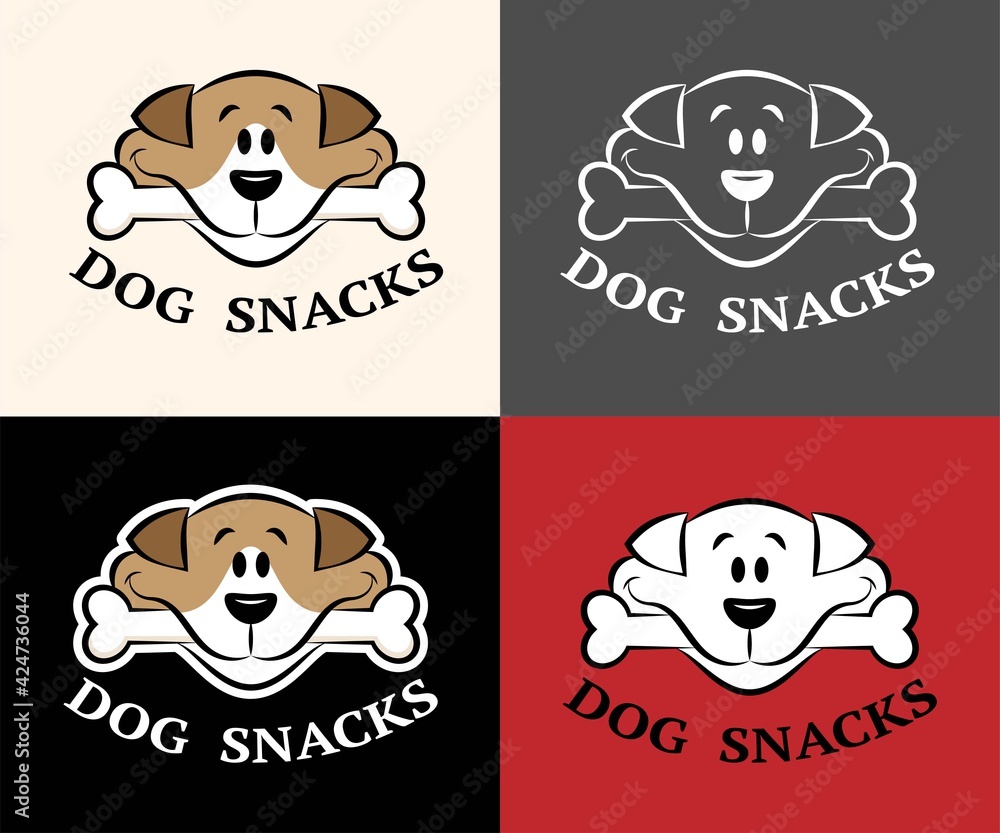 Obraz premium Vector set of doggy snack logo options. Dog snack logo in color, black and white, linear display. Four logos on different backgrounds.