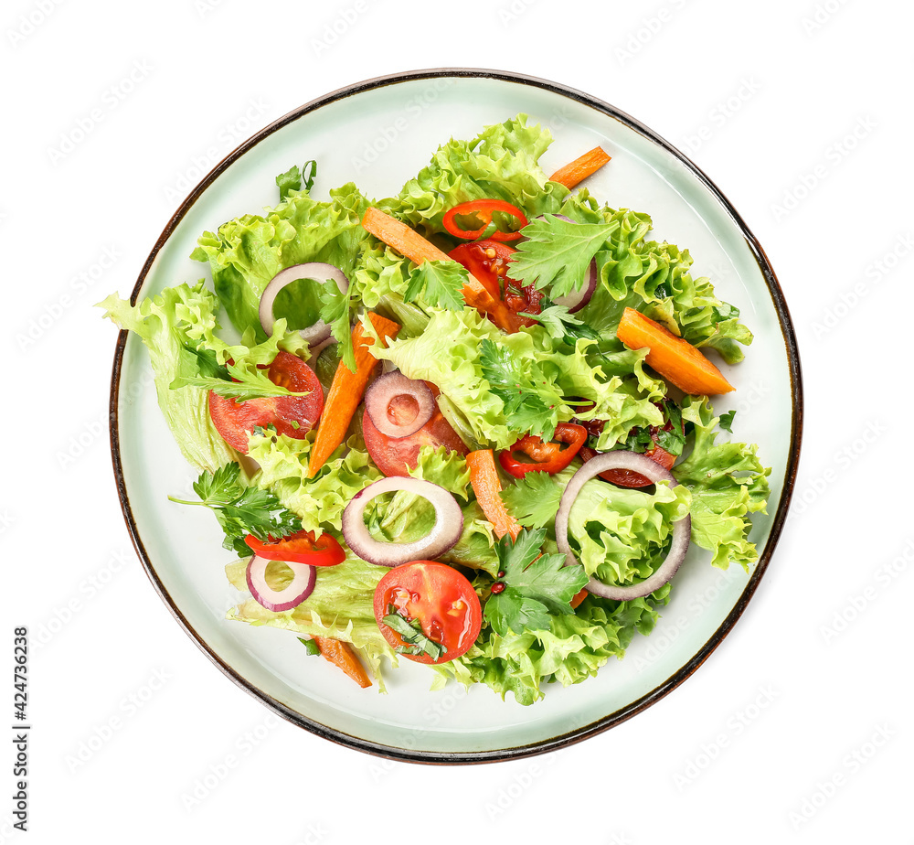 Plate of fresh salad with vegetables on white background