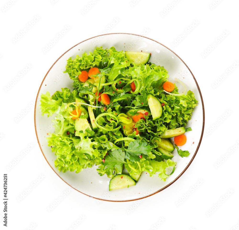 Plate of fresh salad with vegetables on white background