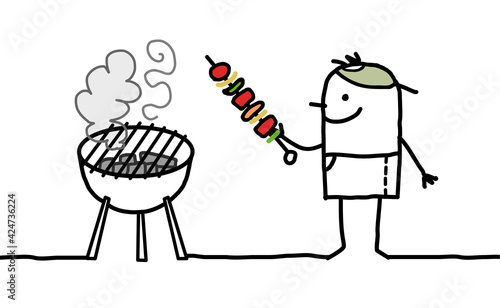 Cartoon Man with Meat Brochette and Barbecue
