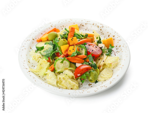 Plate of fresh salad with vegetables on white background