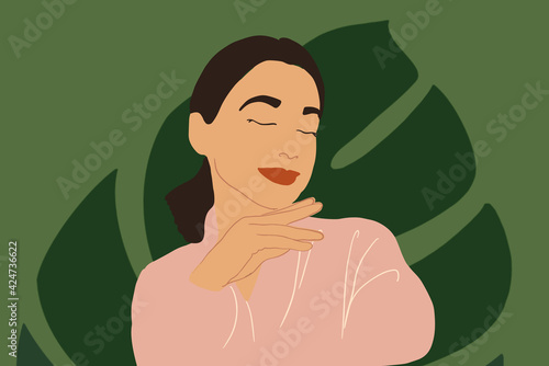 A portrait of a calm and relaxed woman in pink bathrobe and green plant leaf on background. SPA and wellness routine. Vector Illustration.