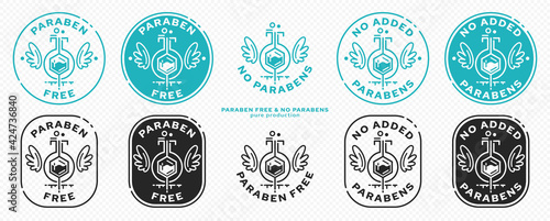 Concept for product packaging. Labeling - paraben free. A paraben chemical flask, with wings and a line of flowing ingredient - a symbol of freedom from parabens. Vector