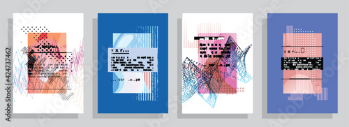 Covers templates set with graphic geometric elements. Applicable for brochures, posters, covers and banners. Vector illustrations.