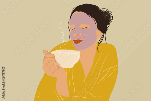 Pretty woman with detox mask on face with cup of tea relaxing in yellow bathrobe. Clean and beauty skincare concept. Wellness and anti-age. Vector Illustration.