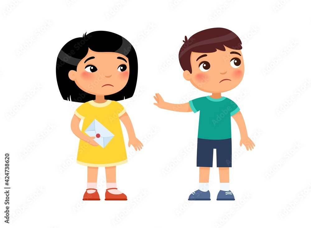 A little girl gives the boy a love letter and is rejected. First love concept. Child psychology. Broken heart. Cartoon multiracial characters. Flat vector illustration.