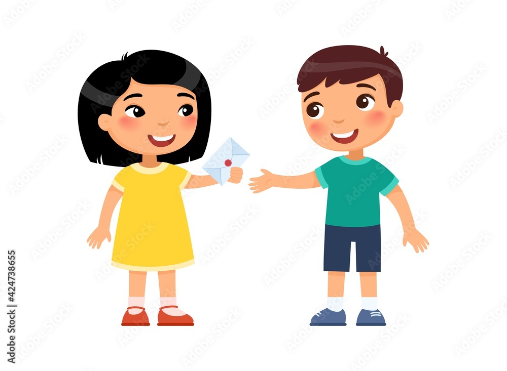 Little boy and girl exchange valentines. First love concept. Valentine's Day at school or kindergarten. Child psychology. Cartoon multiracial characters. Flat vector illustration..