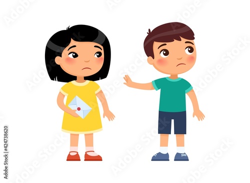 A little girl gives the boy a love letter and is rejected. First love concept. Child psychology. Broken heart. Cartoon multiracial characters. Flat vector illustration.