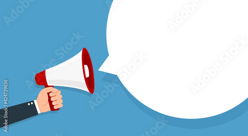 Hand holding megaphone announcement. Vector illustration