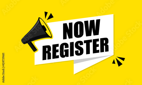 Register now with megaphone vector illustration