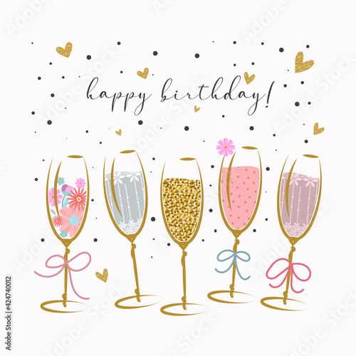 Birthday greeting card. Five glasses of champagne with confetti. Vector illustration in flat style
