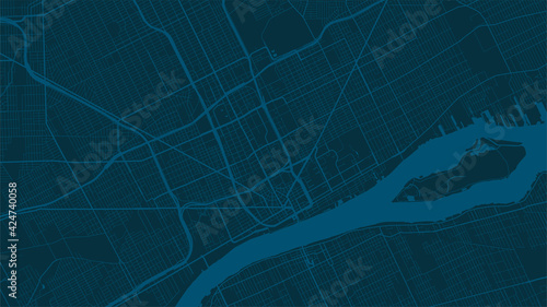 Navy blue vector background map, Detroit city area streets and water cartography illustration.