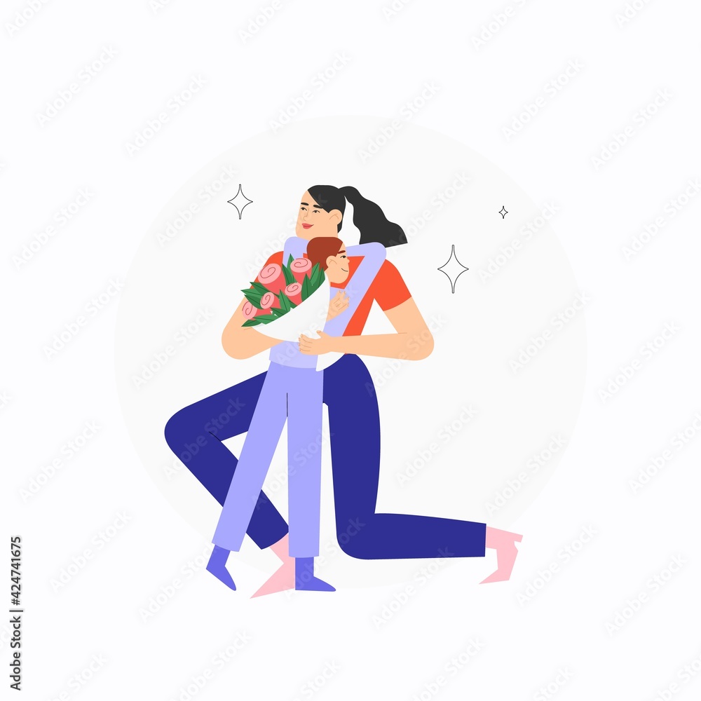 Happy Mothers Day greeting card with women and her child.
Female character with bouquet of flowers. Flat vector illustration.
Happy Mothers Day greeting card with women and her child.
Female character with bouquet of flowers. Flat vector illustration.