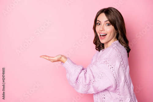 Profile side view portrait of lovely amazed cheerful girl holding on palms copy space isolated over pink pastel blue color background