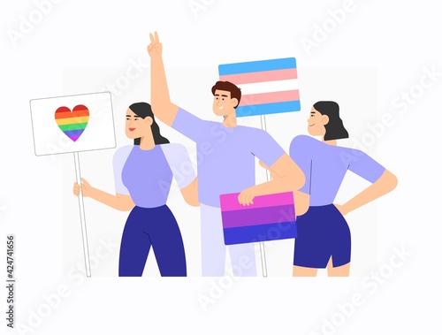 People hold banners and placards with lgbt rainbow, bisexual flag and trensgender flag.

