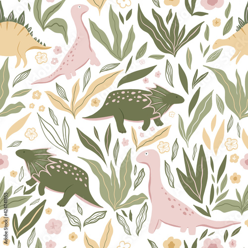 Seamless Pattern. Colorful Dinosaurs with Plants and Flowers for Design. Illustrations © Екатерина Белова