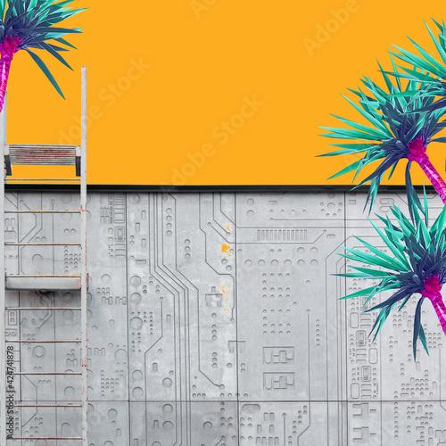 Abstract pink palms on an orange background and a gray building with a staircase.