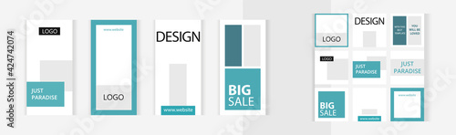 Modern blue style. Set of editable vertical and square photo collage banners. Minimalism  templates for social media posting and online advertising. 