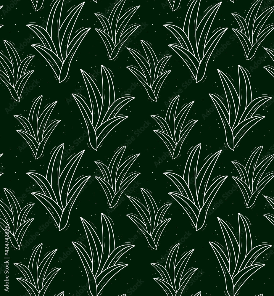 Seamless repeating plant pattern with chlorophytum-like leaves growing from the center. Contour white objects on a dark green.