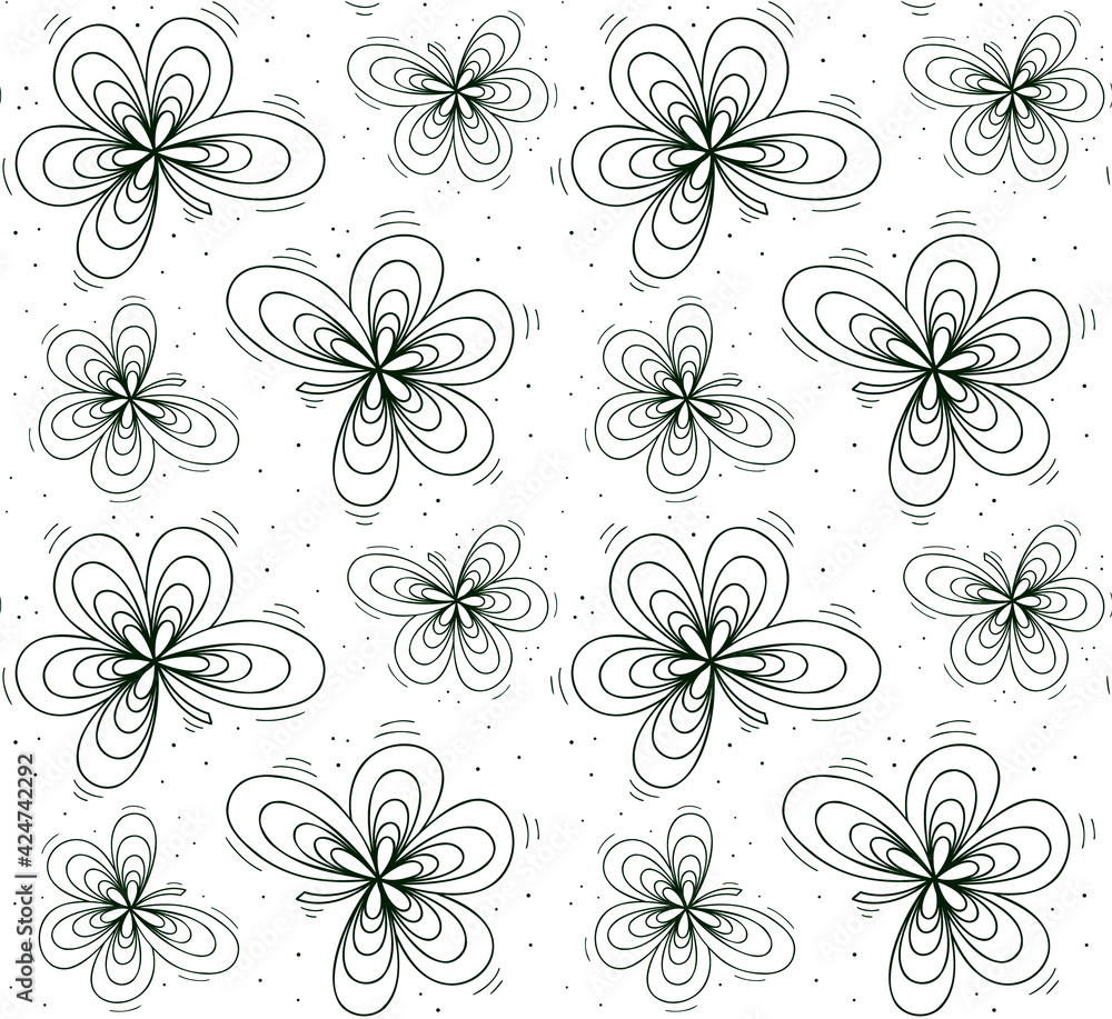 Seamless repeating pattern with pentapetal leaf in loops.Contour dark green objects on a white.