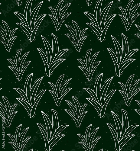 Seamless repeating plant pattern with chlorophytum-like leaves growing from the center. Contour white objects on a dark green.