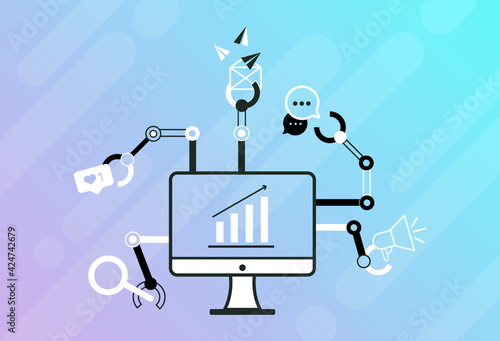 Vector Illustration of a desktop pc with automated robotic arms which move and hang elements of digital marketing: newsletter, social media, client management, advertising, search optimization, data.