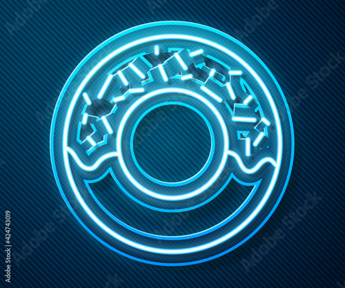 Glowing neon line Donut with sweet glaze icon isolated on blue background. Vector Illustration