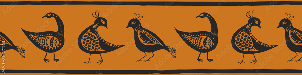 Obraz premium Stylized bird seamless vector border. Banner with mix of folk art or ancient history style birds and painterly stripe edging. Ochre black design for header, ribbon, museum exhibition, concept