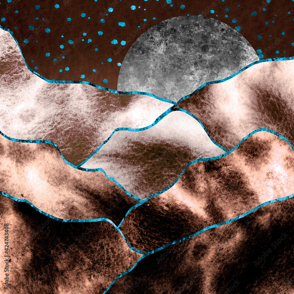 Metallic landscape with montains, moon, and stars