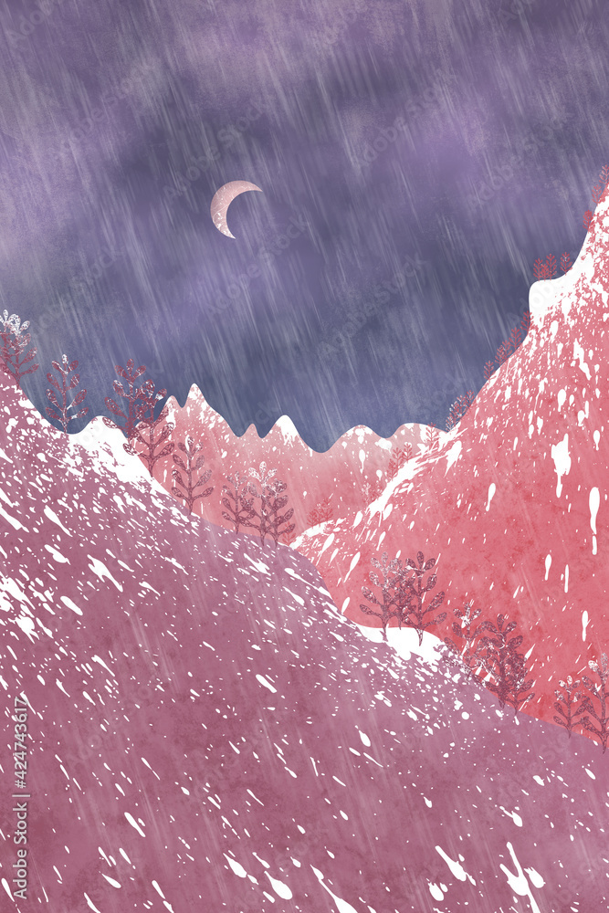 Nightscape by winter season with mountains and trees