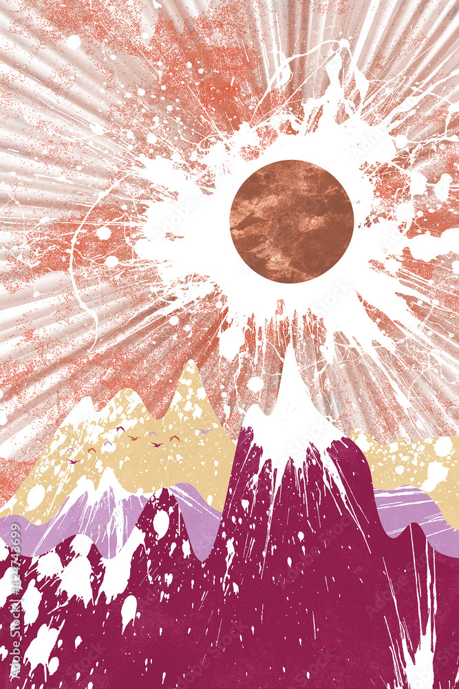 Winter landscape with snowy mountains and a copper sun