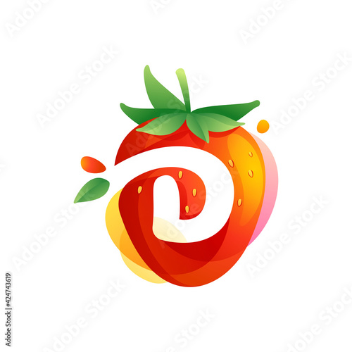 Letter D logo on a tasty ripe Strawberry with green leaves and juice splashes.