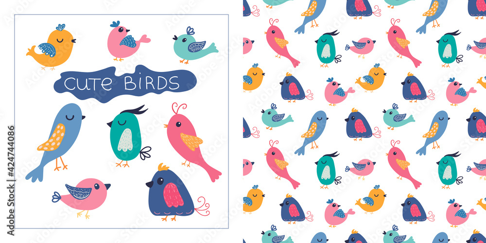 Cute colorful birds set in cartoon style. Seamless pattern with cute birds. Bright colors. Vector isolated elements