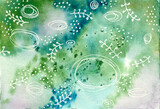 Green-blue backdrop. Abstract watercolor hand drawn background. Plants and rounds are drawn with white liner.