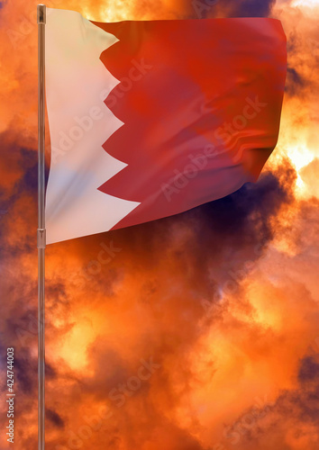 Bahrain flag on pole with sky background
