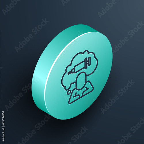 Isometric line Addiction to the drug icon isolated on black background. Heroin, narcotic, addiction, illegal. Sick junkie with a syringe and medical pills. Turquoise circle button. Vector