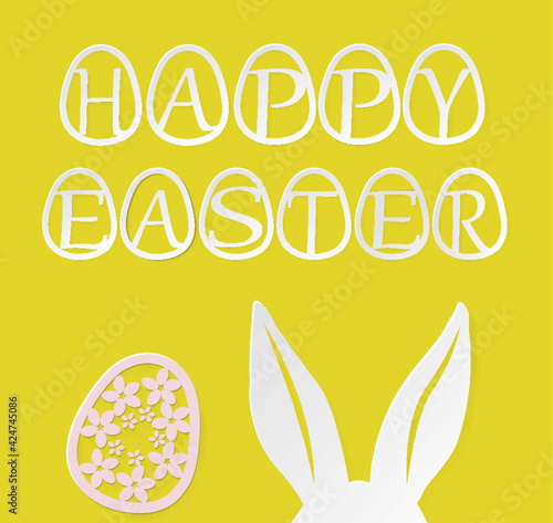 Happy Easter greeting card with eggs and Easter bunny on yellow background. vector papercut  illustration 