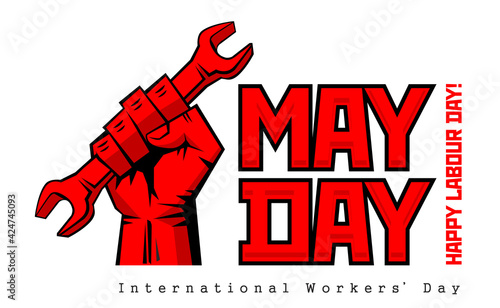 May day vector label with strong red fist with wrench. Happy labor day, workers' day poster or greeting card. Vector on transparent background