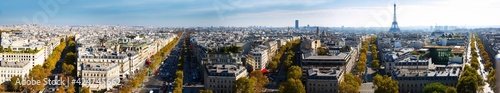 Cityscape of Paris with the Eiffel Tower and apartment buildings aerial view, France