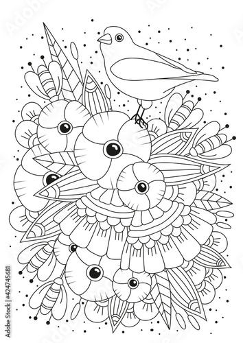 Coloring page vertical orientation. Illustration for coloring with flowers and a bird.