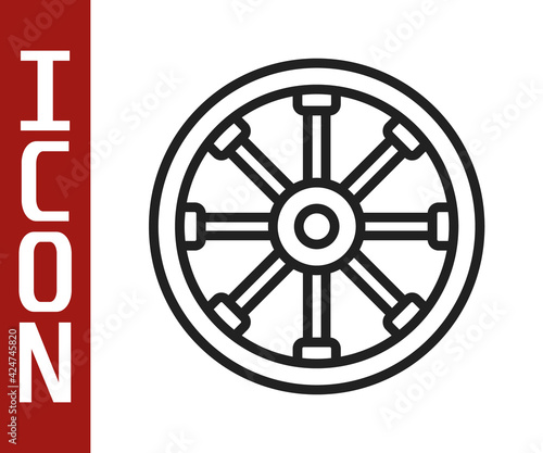 Black line Old wooden wheel icon isolated on white background. Vector