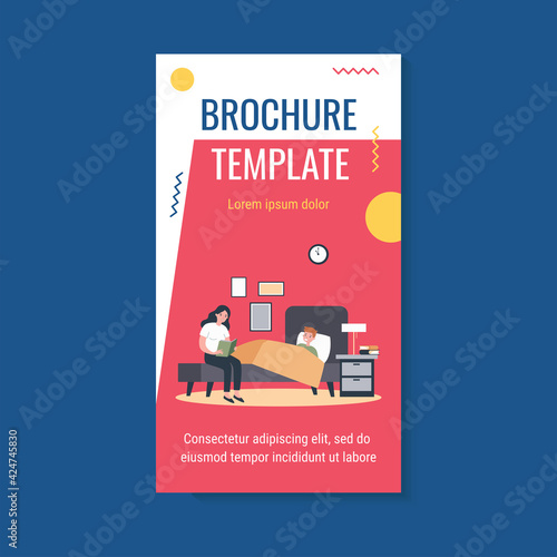 Mom reading bedtime book to son. Happy kid lying in bed flat vector illustration. Childhood, parenthood, fairytale concept for banner, website design or landing web page