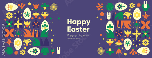 Happy Easter. Flat vector illustration. Abstract backgrounds, geometric patterns for the Easter holiday. Ornament, spring symbols, eggs, rabbit, flowers. Poster, banner, flyer. Egg packaging label.